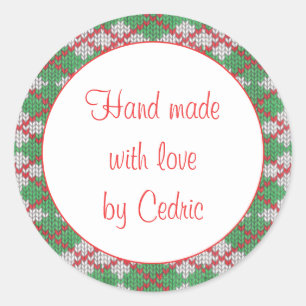 XMAS ARGYLE KNIT 1.5" Round "Hand Made" Stickers