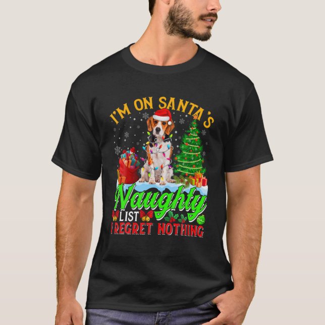 Xmas Beagle Dog On Santa's Naughty Funny List T-Shirt (Front)
