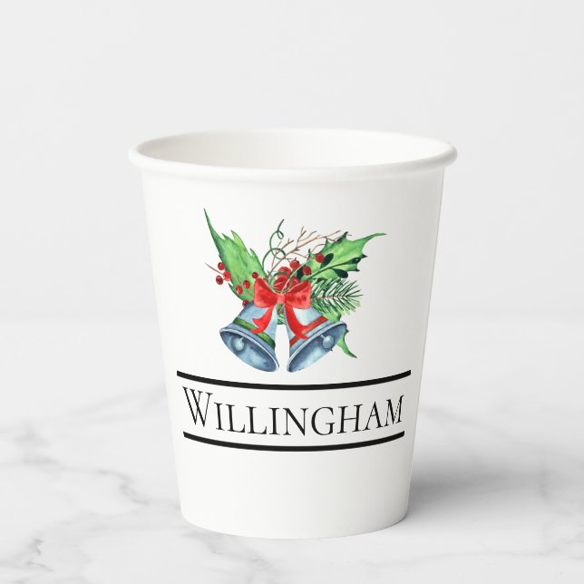 Xmas Bells Red Berries Evergreen Name Initial Paper Cups (Back)