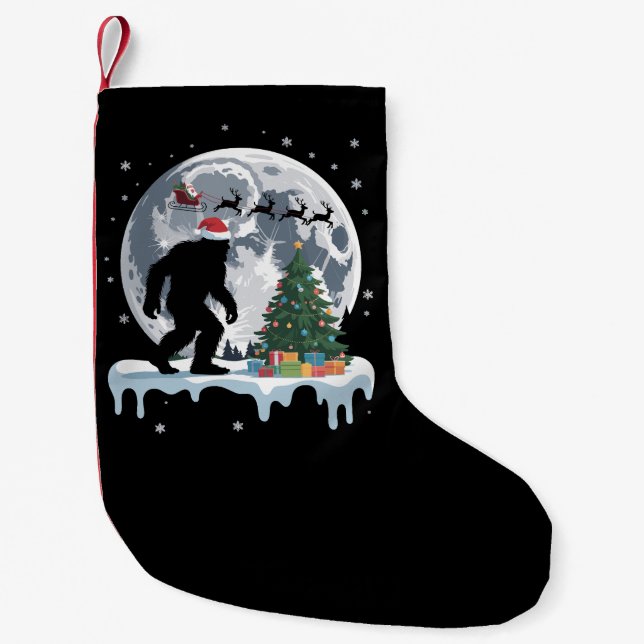 Xmas Bigfoot Santa Tree Sleigh Moon Reindeer Snow Small Christmas Stocking (Front)