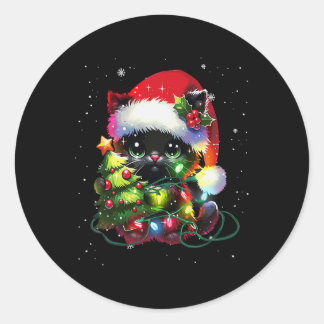 Xmas Black Cat Santa Hat Tangled Up In Christmas T Classic Round Sticker