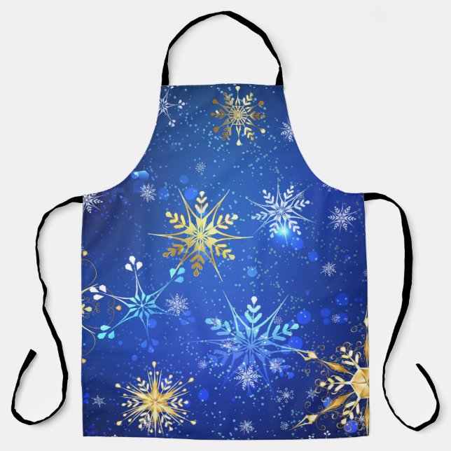 XMAS Blue Background with Golden Snowflakes Apron (Front)