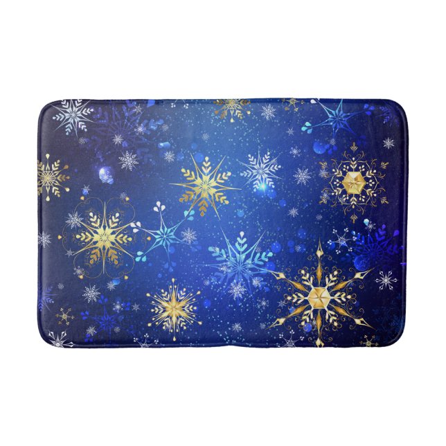 XMAS Blue Background with Golden Snowflakes Bath Mat (Front)