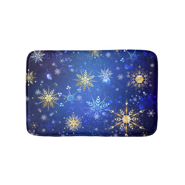 XMAS Blue Background with Golden Snowflakes Bath Mat (Front)