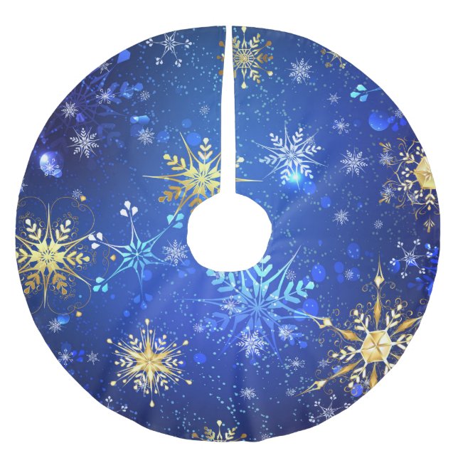 XMAS Blue Background with Golden Snowflakes Brushed Polyester Tree Skirt (Front)