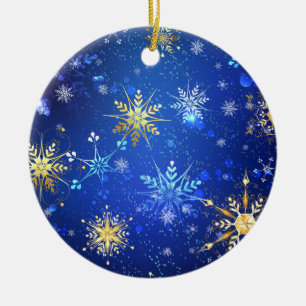 XMAS Blue Background with Golden Snowflakes Ceramic Tree Decoration