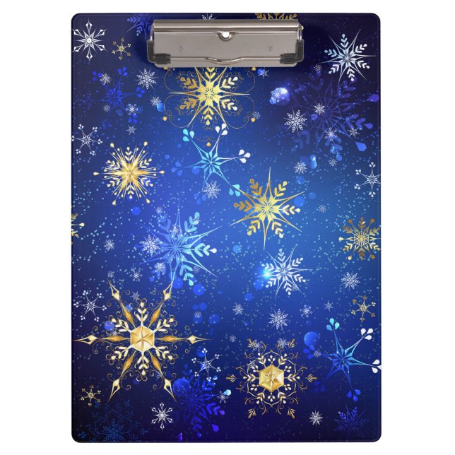 XMAS Blue Background with Golden Snowflakes Clipboard (Front)