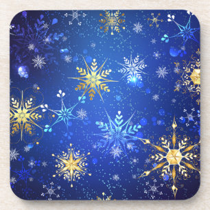 XMAS Blue Background with Golden Snowflakes Coaster