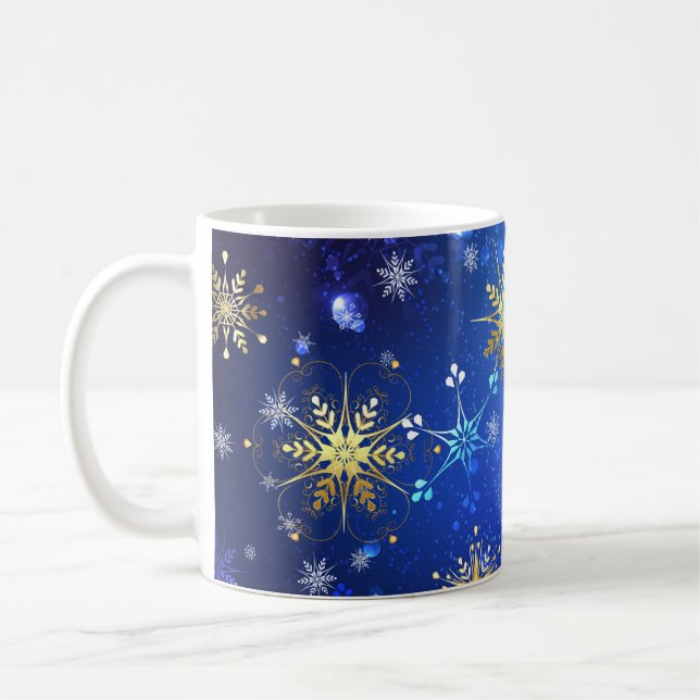 XMAS Blue Background with Golden Snowflakes Coffee Mug (Left)