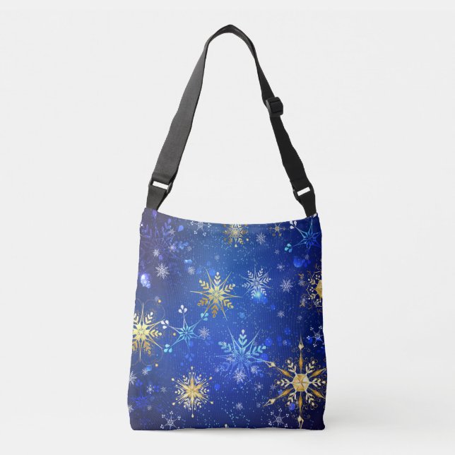 XMAS Blue Background with Golden Snowflakes Crossbody Bag (Front)