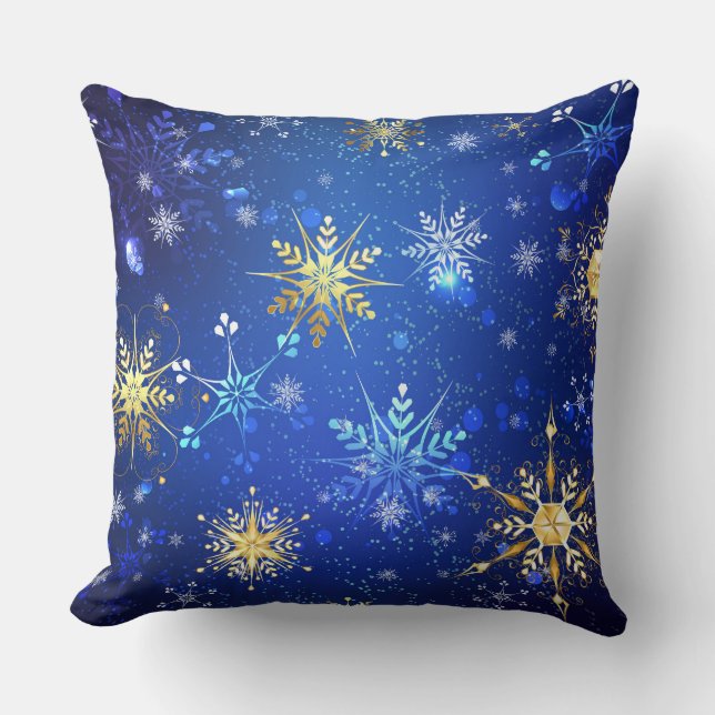 XMAS Blue Background with Golden Snowflakes Cushion (Front)