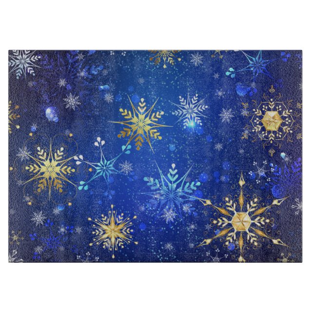 XMAS Blue Background with Golden Snowflakes Cutting Board (Front)