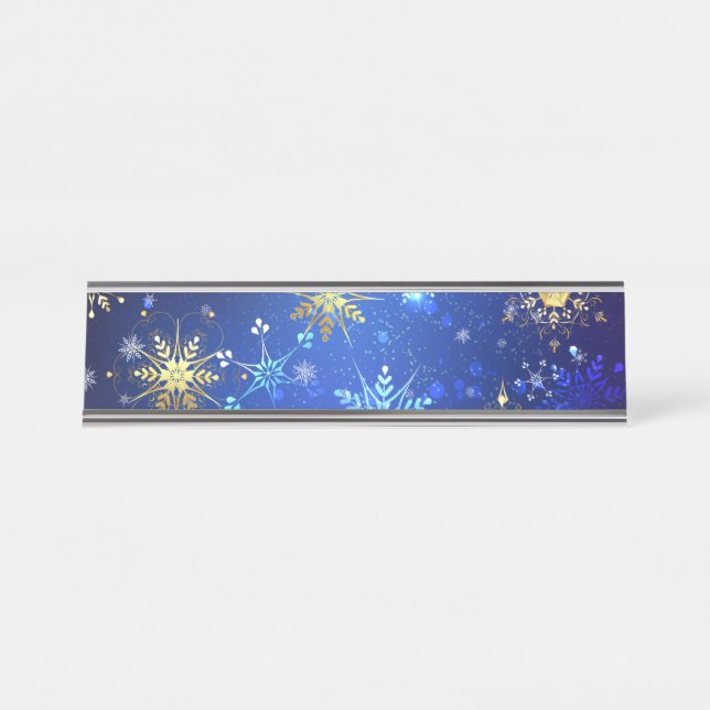 XMAS Blue Background with Golden Snowflakes Desk Name Plate (Front)