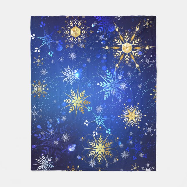 XMAS Blue Background with Golden Snowflakes Fleece Blanket (Front)