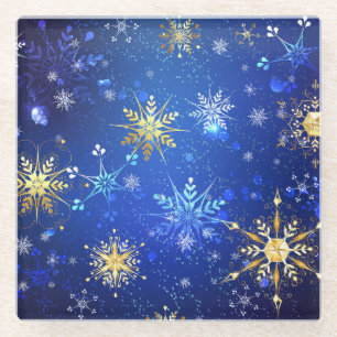 XMAS Blue Background with Golden Snowflakes Glass Coaster