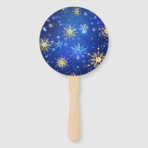 XMAS Blue Background with Golden Snowflakes Hand Fan