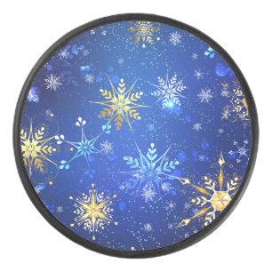 XMAS Blue Background with Golden Snowflakes Hockey Puck