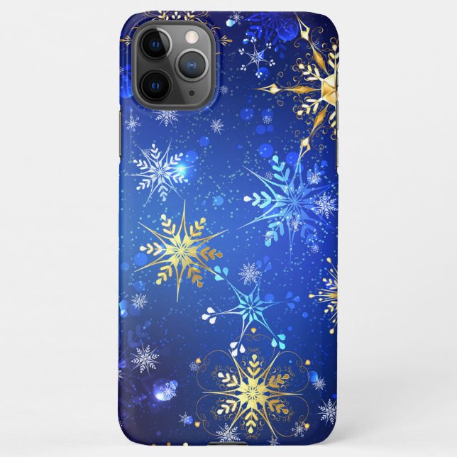 XMAS Blue Background with Golden Snowflakes iPhone Case (Back)