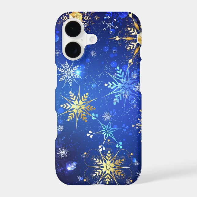 XMAS Blue Background with Golden Snowflakes iPhone Case (Back)