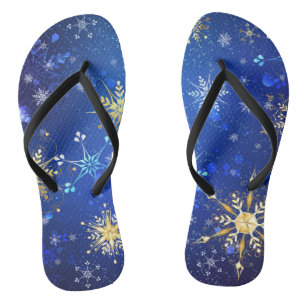 XMAS Blue Background with Golden Snowflakes Jandals