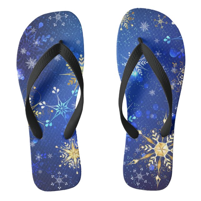 XMAS Blue Background with Golden Snowflakes Jandals (Footbed)