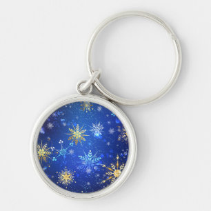 XMAS Blue Background with Golden Snowflakes Key Ring