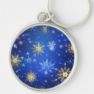XMAS Blue Background with Golden Snowflakes Key Ring