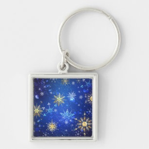 XMAS Blue Background with Golden Snowflakes Key Ring