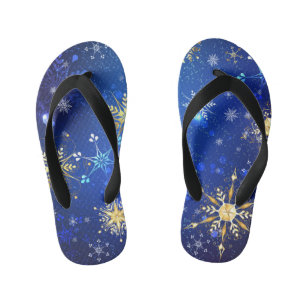 XMAS Blue Background with Golden Snowflakes Kid's Jandals