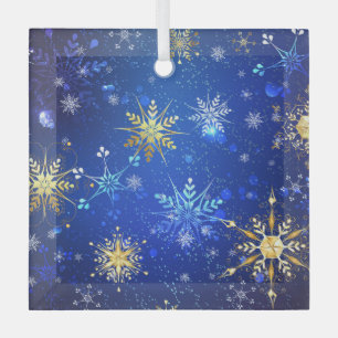 XMAS Blue Background with Golden Snowflakes Label Glass Tree Decoration
