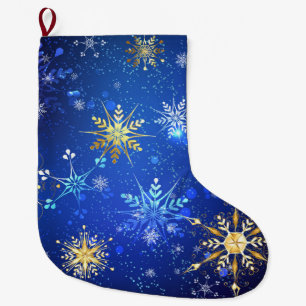 XMAS Blue Background with Golden Snowflakes Large Christmas Stocking