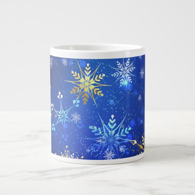XMAS Blue Background with Golden Snowflakes Large Coffee Mug (Front)