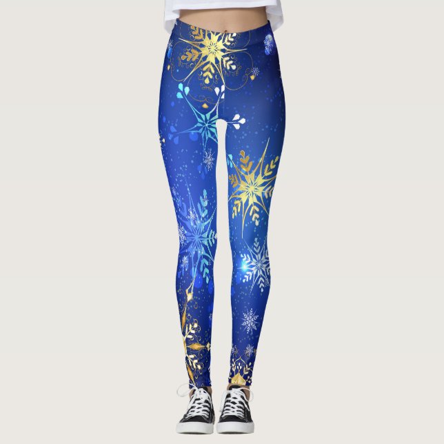 XMAS Blue Background with Golden Snowflakes Leggings (Front)