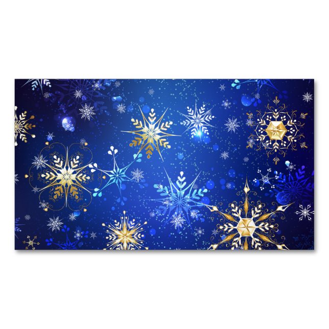 XMAS Blue Background with Golden Snowflakes Magnetic Business Card (Front)