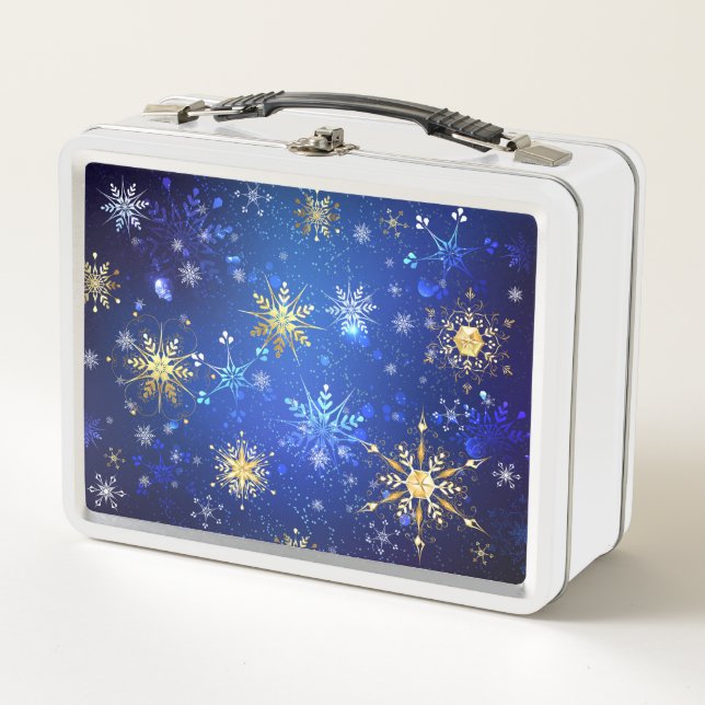 XMAS Blue Background with Golden Snowflakes Metal Lunch Box (Front)