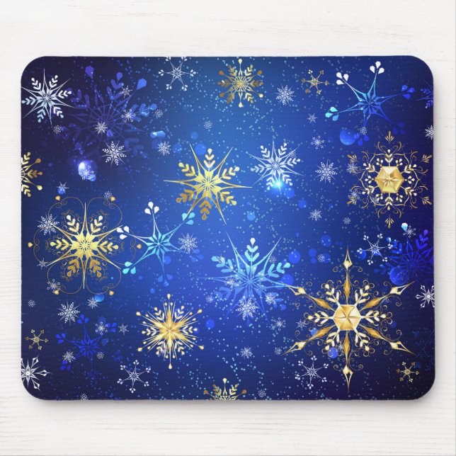 XMAS Blue Background with Golden Snowflakes Mouse Pad (Front)