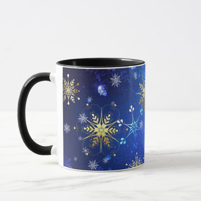 XMAS Blue Background with Golden Snowflakes Mug (Left)
