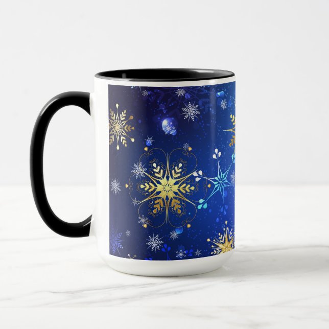 XMAS Blue Background with Golden Snowflakes Mug (Left)
