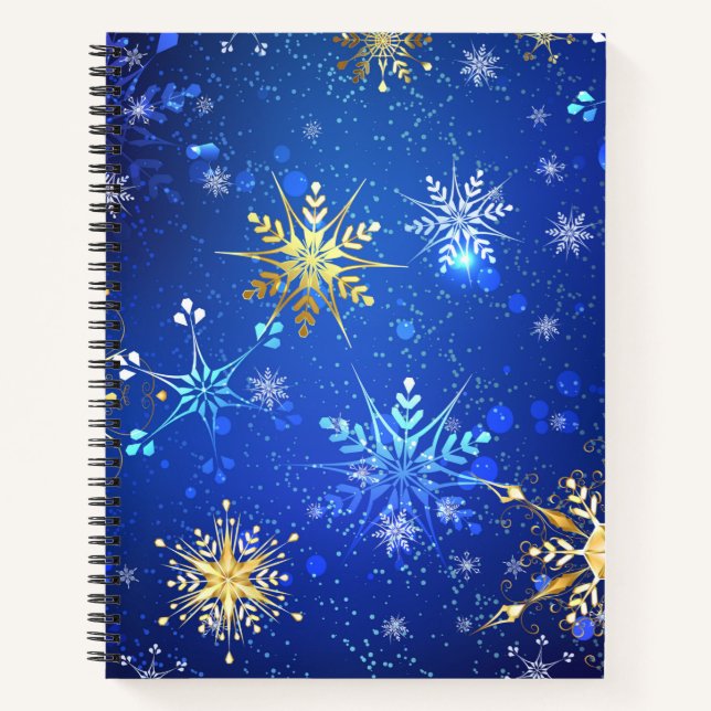 XMAS Blue Background with Golden Snowflakes Notebook (Front)