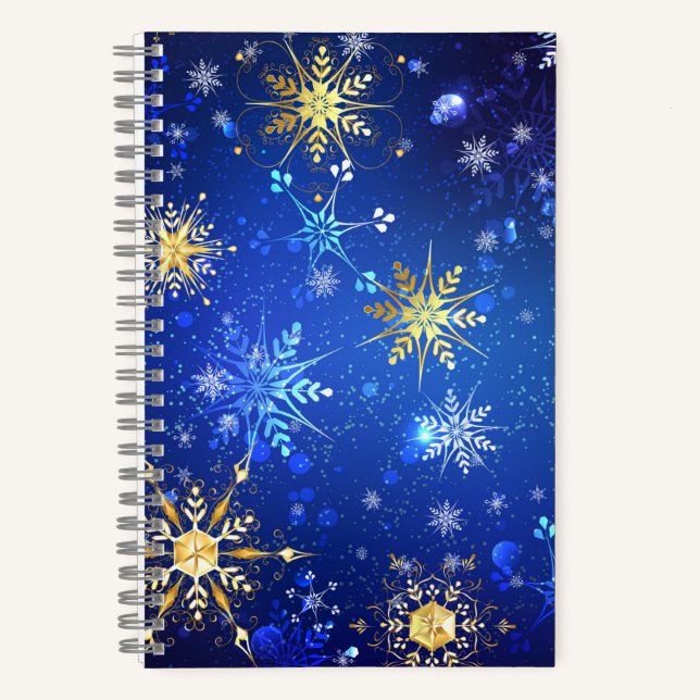 XMAS Blue Background with Golden Snowflakes Notebook (Front)