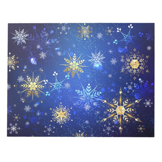 XMAS Blue Background with Golden Snowflakes Notepad (Front)