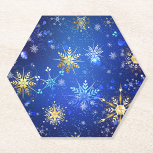 XMAS Blue Background with Golden Snowflakes Paper Coaster