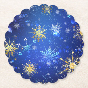 XMAS Blue Background with Golden Snowflakes Paper Coaster