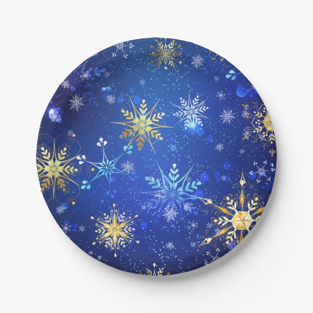 XMAS Blue Background with Golden Snowflakes Paper Plate (Front)