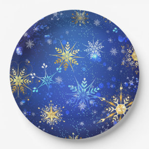XMAS Blue Background with Golden Snowflakes Paper Plate
