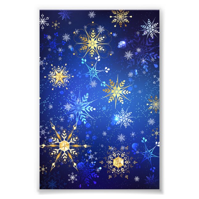 XMAS Blue Background with Golden Snowflakes Photo Print (Front)