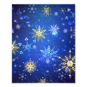 XMAS Blue Background with Golden Snowflakes Photo Print