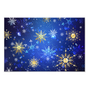 XMAS Blue Background with Golden Snowflakes Photo Print