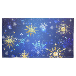 XMAS Blue Background with Golden Snowflakes Pillowcase