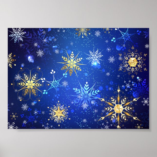 XMAS Blue Background with Golden Snowflakes Poster (Front)